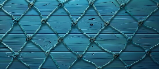 Fototapeta premium Blue wooden fence detail showing a prominent knot in a close-up view. Top angle view of fishnet on the same background.