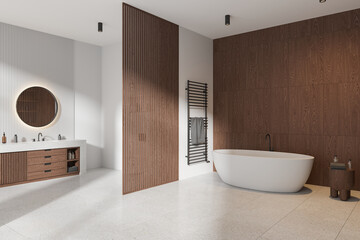 Wooden hotel bathroom interior with tub, sink and towel rail