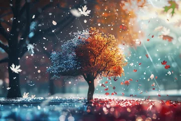 Fototapete Rund Craft an AI-generated visual that captures the essence of all four seasons coexisting in one scene, incorporating elements like snowflakes, raindrops, blossoms, and falling leaves © Izhar