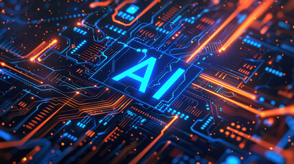 Artificial Intelligence chip with words AI in the center against a background of highly detailed futuristic electronic circuit boards glowing blue and orange
