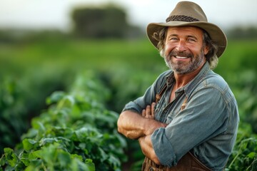 A happy smiling man, a farmer, stands with his arms crossed against the background of his field with green plants