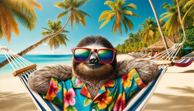 sloth, animal, funny, summer, tropical, beach, hammock, relaxation, travel, getaway, resort, glasses, shirt, zoo