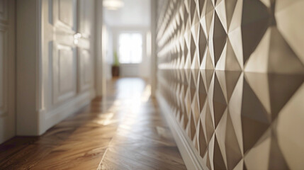 Close-up of a geometric-patterned wallpaper in a hallway, modern interior design, scandinavian style hyperrealistic photography
