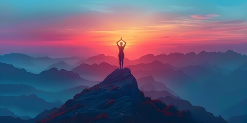 Silhouetted Yoga Pose on Mountainous Landscape at Sunrise Capturing Wellness Strength and Beauty of Nature