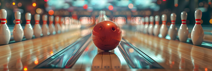 Close-up of a bowling ball hitting pins - obrazy, fototapety, plakaty
