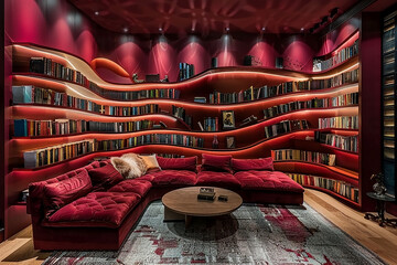 Craft an avant-garde bookshelf with floating shelves, showcased against dramatic burgundy walls in a sophisticated library - obrazy, fototapety, plakaty