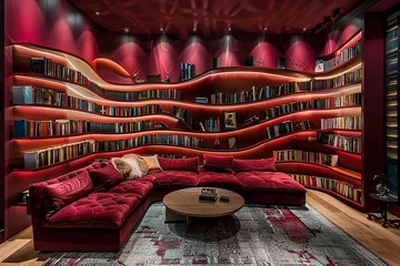 Foto op Plexiglas Craft an avant-garde bookshelf with floating shelves, showcased against dramatic burgundy walls in a sophisticated library © Izhar