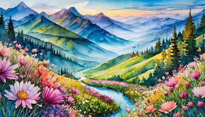 Watercolor illustration of beautiful summer landscape with mountains and blooming plants.