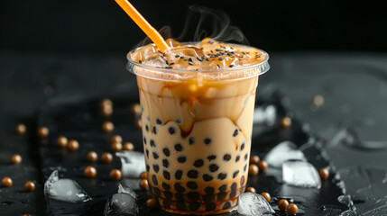 Tall plastic cup of bubble milk tea, with black pearls and brown liquid inside the cup, orange...