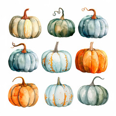Watercolor Pumpkin Clipart set. Fall harvest illustration isolated on a white background