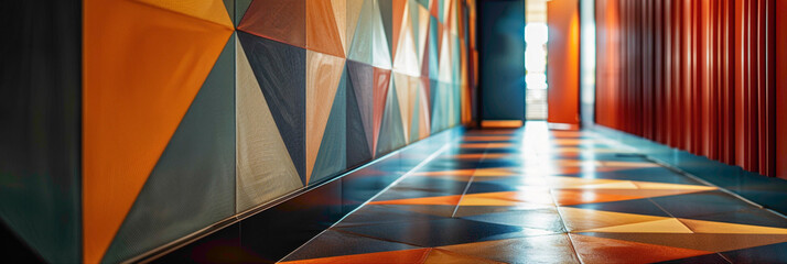 Close-up of a geometric-patterned wallpaper in a hallway, hyperrealistic photography of modern interior design