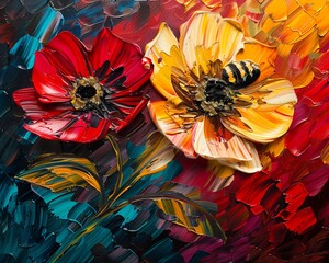 Colorful abstract painting of a bee with flowers, in red, black, gold, and yellow, nature theme style, palette knife oil on a lively background, with dramatic lighting and vivid accents