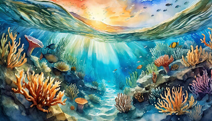 Watercolor illustration of beautiful underwater life. Marine world. Natural scenery. Hand drawn art.