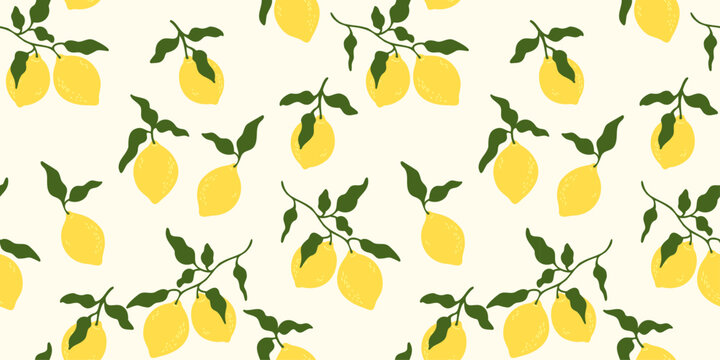 Background with tropical seamless pattern with yellow lemons