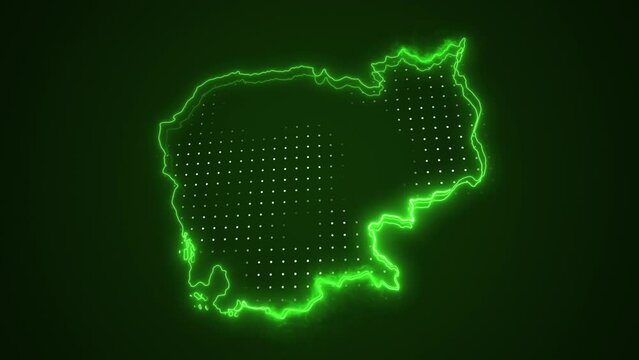3D Moving Neon Green Cambodia Verde Map Borders Outline Loop Background