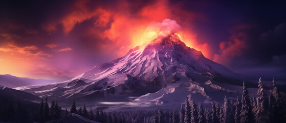 Ethereal Mountain Eruption Illuminated by Vibrant Sunset - obrazy, fototapety, plakaty
