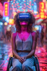 Woman experiencing virtual reality in neon cityscape