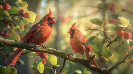Two red Northern Cardinal birds perching on a branch of a tree