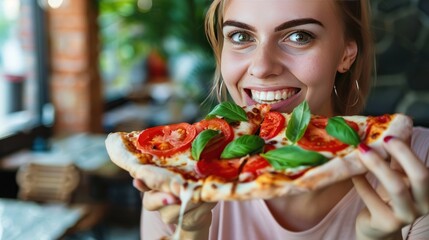 Young Caucasian suntanned beautiful elegant woman eating, biting Italian thick tomato pizza with burata cheese Yummy unhealthy food. - obrazy, fototapety, plakaty