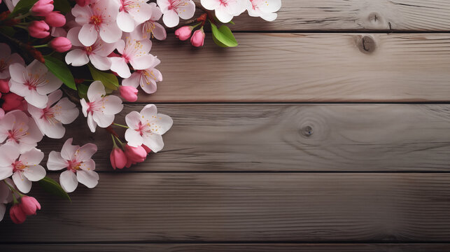 A branch of a flowering tree on a wooden shelf with a view of a flowering garden in the background.
