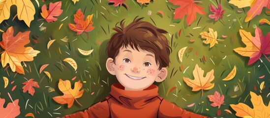 Young child lays happily amongst fall foliage in a serene outdoor setting - obrazy, fototapety, plakaty