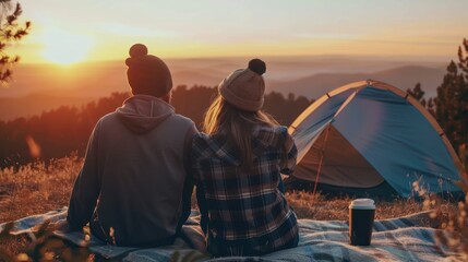 Young couples have good time morning on camping trip with sunrise background. AI generated - obrazy, fototapety, plakaty