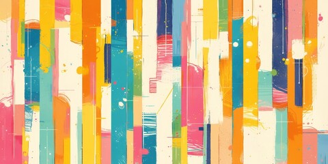 A vibrant and colorful pattern of vertical brushstrokes, each stripe in different shades of pink, orange, teal, yellow, and white, creating an abstract background - obrazy, fototapety, plakaty