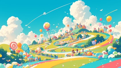 A whimsical candy land with colorful hills, trees made of lollipops and chocolate creatures walking along paths filled with oversized candies. 