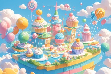 A whimsical candy land with giant lollipops, cupcakes and colorful clouds, rendered in a charming style. 