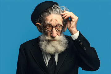Portrait of senior orthodox jewish man wearing black hat on blue background. Jewish holiday celebration. Judaism, religion concept. Human emotions