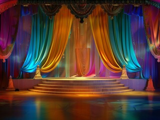 A Bollywood film set podium with vibrant colors and dance scene, for entertainment and cultural products