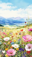 A field of flowers with mountains in the distance painted in a watercolor style.