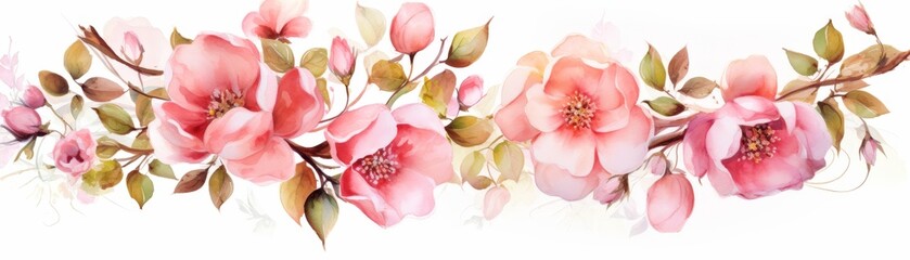 A watercolor painting of a cherry blossom branch with pink flowers and green leaves. - obrazy, fototapety, plakaty