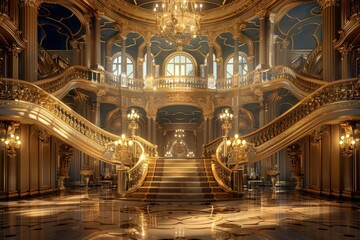 A royal palace ballroom podium with grand staircases and opulent decor, for luxury and royalthemed items