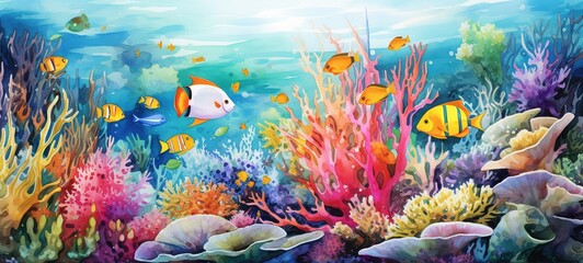 Fototapeta na wymiar A colorful underwater landscape, fishes and corals, watercolor illustration