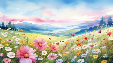 A watercolor painting of a field of flowers in a valley with mountains in the distance.