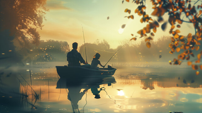 A man and a boy are fishing in a boat on a lake. The man is holding a fishing rod and the boy is holding a fishing rod as well. The scene is peaceful and serene, with the sun setting in the background