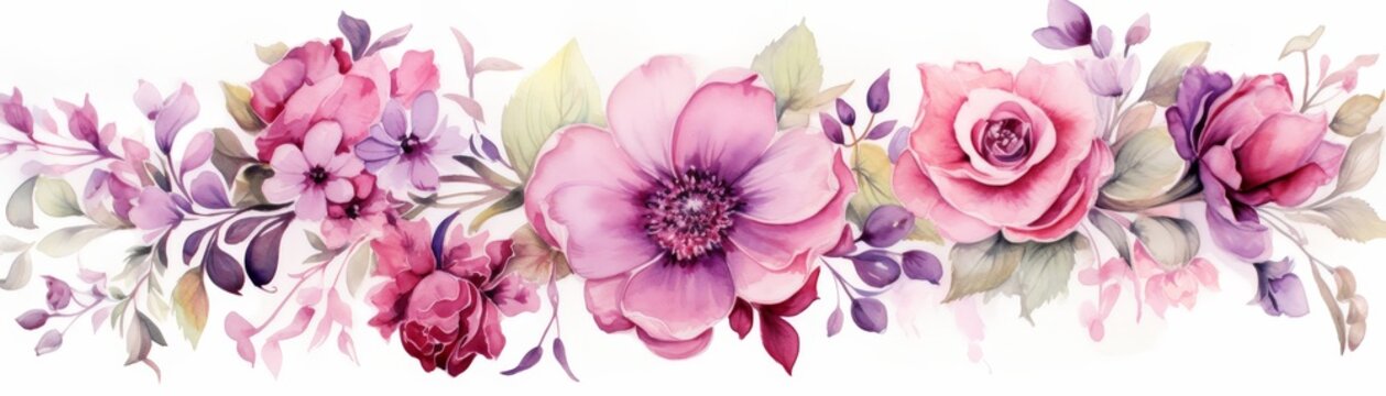 A watercolor painting of a floral border with pink, purple, and white flowers.