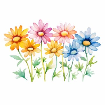A watercolor painting of a row of daisies with white centers and petals that are yellow, pink, lavender, and blue.