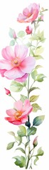 A watercolor painting of pink roses with buds and green leaves on a white background.