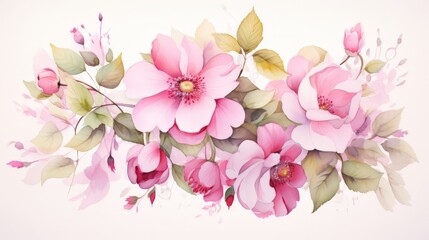 A watercolor painting of pink roses with green leaves.