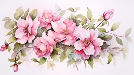 Fototapeta na wymiar A watercolor painting of pink roses with green leaves.
