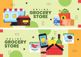 Flat design online grocery store horizontal banner