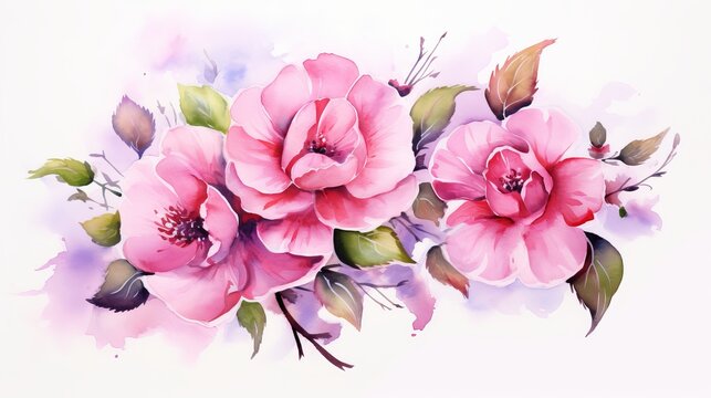 A watercolor painting of pink roses with green leaves on a white background.