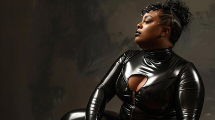 Sultry Plus-Size Woman in Black Latex Bodysuit, Empowered and Stylish
