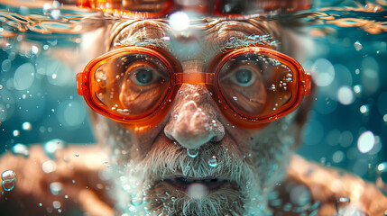 Elderly Swimmer with Goggles Submerged in Water, Active Lifestyle Concept