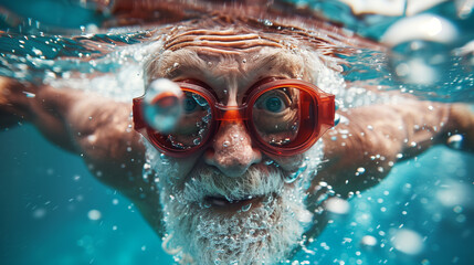 Energetic Elderly Man Swimming with Goggles, Embracing Active Lifestyle