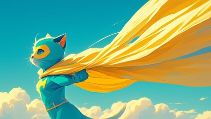 A superhero cat with a pastel cloak and mask, flying in the air against a light pastel background. A copy space for text  - obrazy, fototapety, plakaty