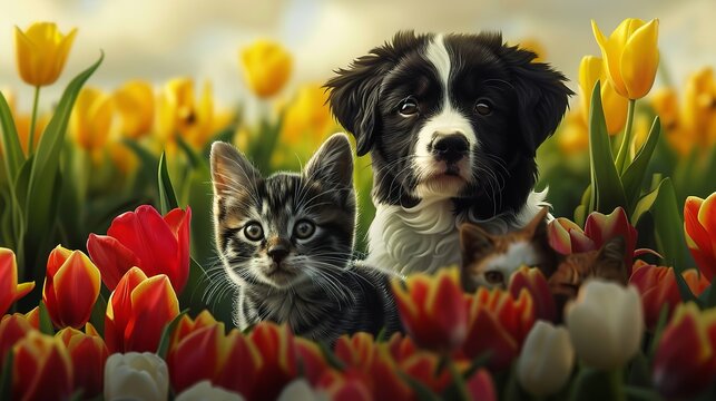 A balck and white very cute puppy dog and cat in a field