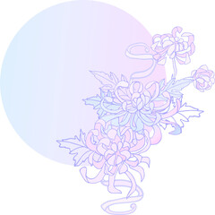 Composition of a chrysanthemum flower with leaves in lilac-lilac pastel colors on a transparent background. Digital illustration in Asian style for wedding design, branding, scrapbooking, printing.